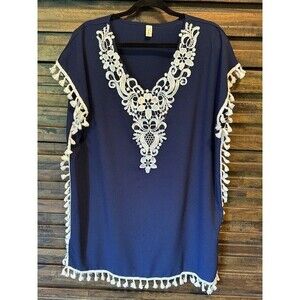 Yincra Yincro Womens Swimsuit Beach Coverup Dress LRG Blue White Tassles Boho